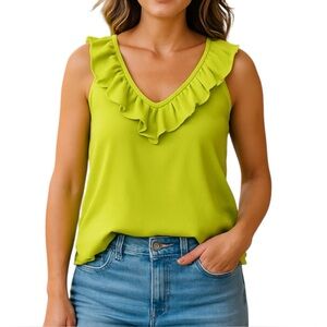LC‎ Lauren Conrad Women's Lime Green Ruffle V-Neck Sleeveless Loose Top Size S